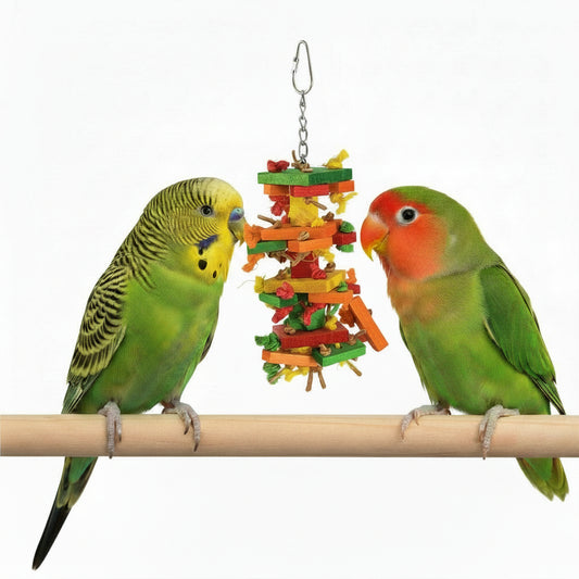 A colorful bird toy made of wooden blocks, leather strips, and sisal rope, designed for chewing and playing.