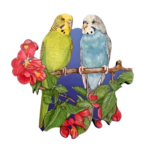 Blue and Green Parakeets Wooden Magnet