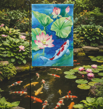 Decorative garden flag with a koi fish and lotus flowers design.
