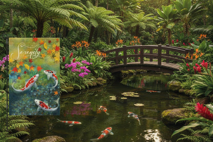 Decorative garden flag with Koi fish and autumn leaves, featuring the word 'Serenity'.