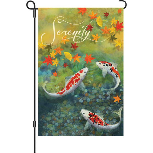 Decorative garden flag with Koi fish and autumn leaves, featuring the word 'Serenity'.