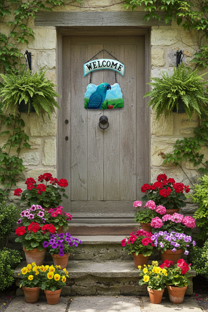 Decorative parrot themed metal  welcome sign hanging on a wooden door