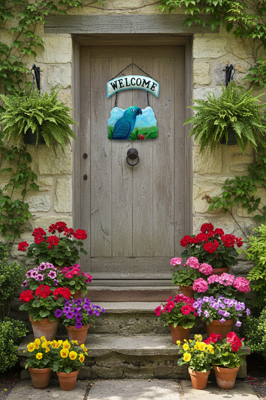 Decorative parrot themed metal  welcome sign hanging on a wooden door