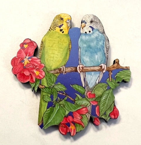 Blue and Green Parakeets Wooden Magnet